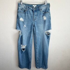 BP Wide Leg Jeans Women's 27 Side Cut Out Mid Rise Medium Wash Cotton Trashed